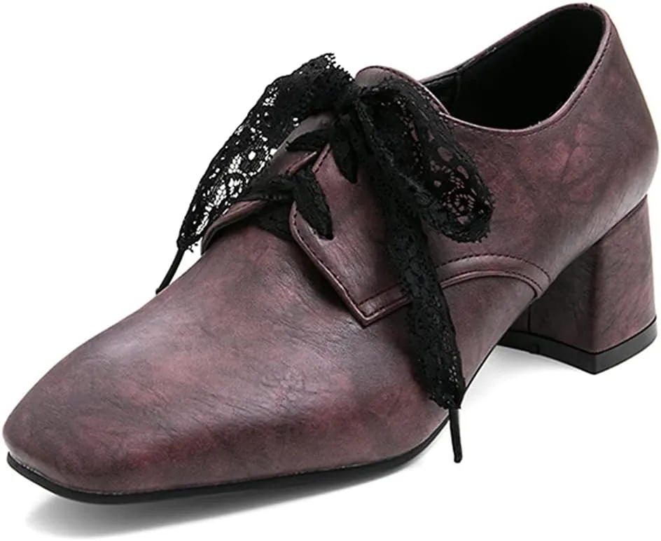 MIOKE Women's Fashion Lace Up Pump Oxfords Square Toe Suede Comfort Chunky Mid Heels Vintage Dress Shoes