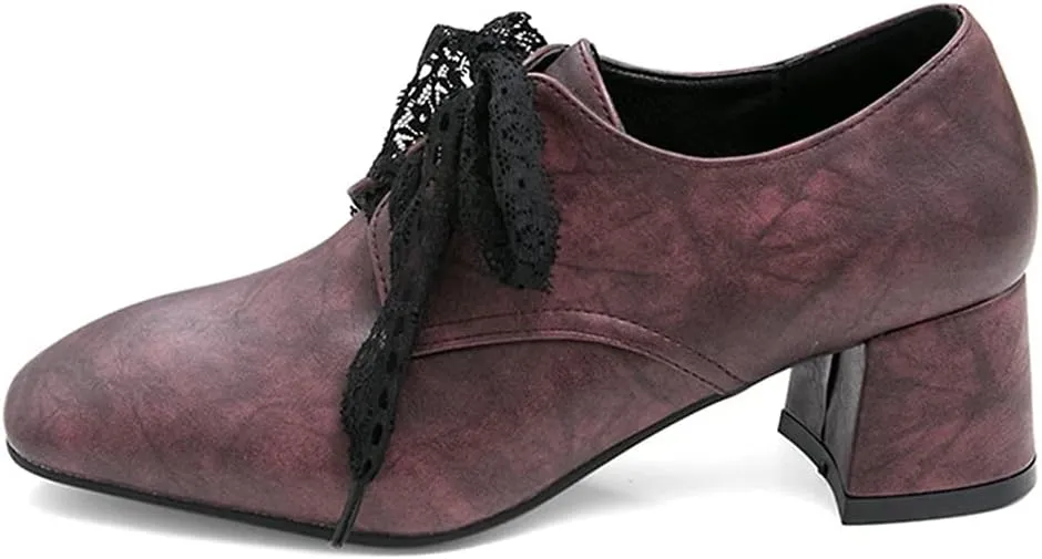 MIOKE Women's Fashion Lace Up Pump Oxfords Square Toe Suede Comfort Chunky Mid Heels Vintage Dress Shoes