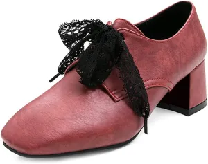 MIOKE Women's Fashion Lace Up Pump Oxfords Square Toe Suede Comfort Chunky Mid Heels Vintage Dress Shoes