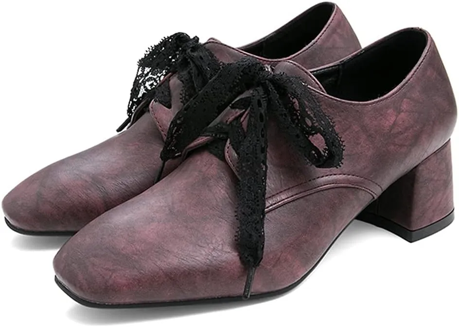 MIOKE Women's Fashion Lace Up Pump Oxfords Square Toe Suede Comfort Chunky Mid Heels Vintage Dress Shoes