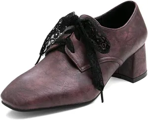 MIOKE Women's Fashion Lace Up Pump Oxfords Square Toe Suede Comfort Chunky Mid Heels Vintage Dress Shoes