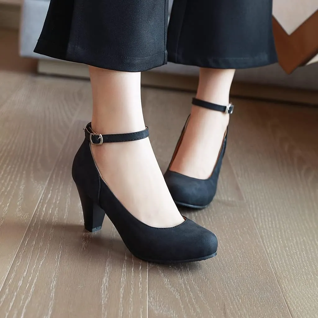 MIOKE Women's Fashion Square Toe Mid Heel Pumps Suede Pearl Buckle Strap Classic Mary Jane Dress Shoes