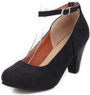 MIOKE Women's Fashion Square Toe Mid Heel Pumps Suede Pearl Buckle Strap Classic Mary Jane Dress Shoes