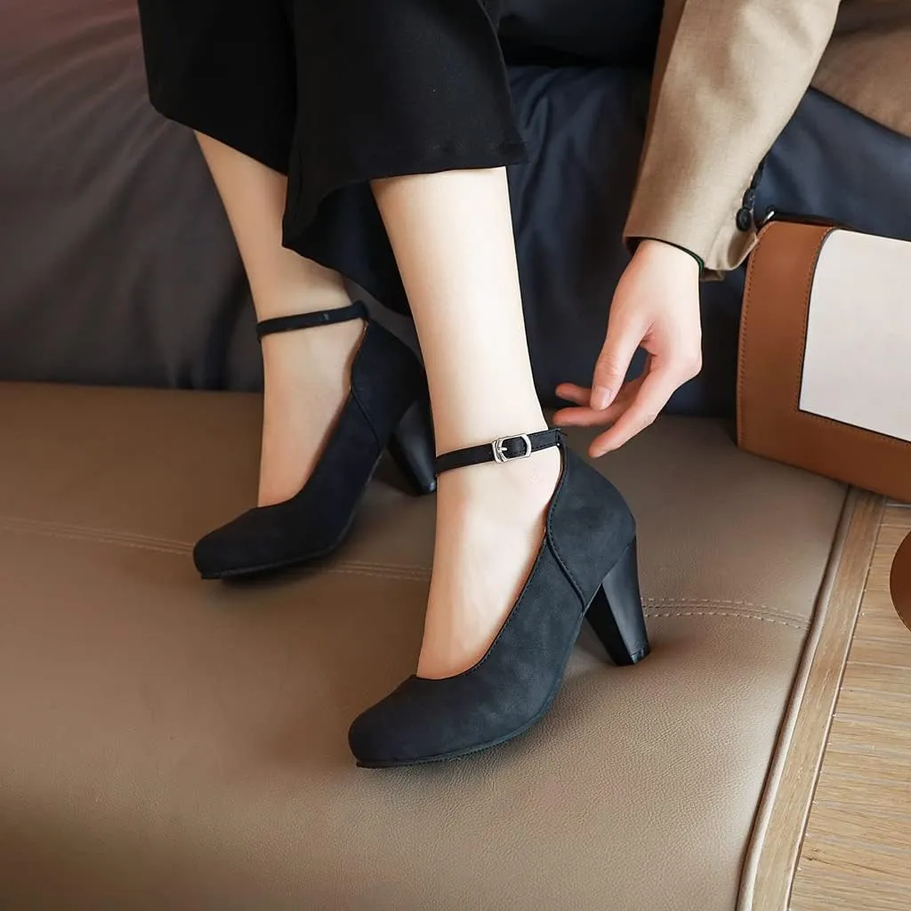 MIOKE Women's Fashion Square Toe Mid Heel Pumps Suede Pearl Buckle Strap Classic Mary Jane Dress Shoes