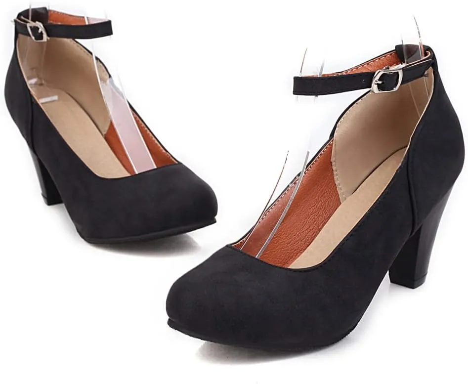 MIOKE Women's Fashion Square Toe Mid Heel Pumps Suede Pearl Buckle Strap Classic Mary Jane Dress Shoes