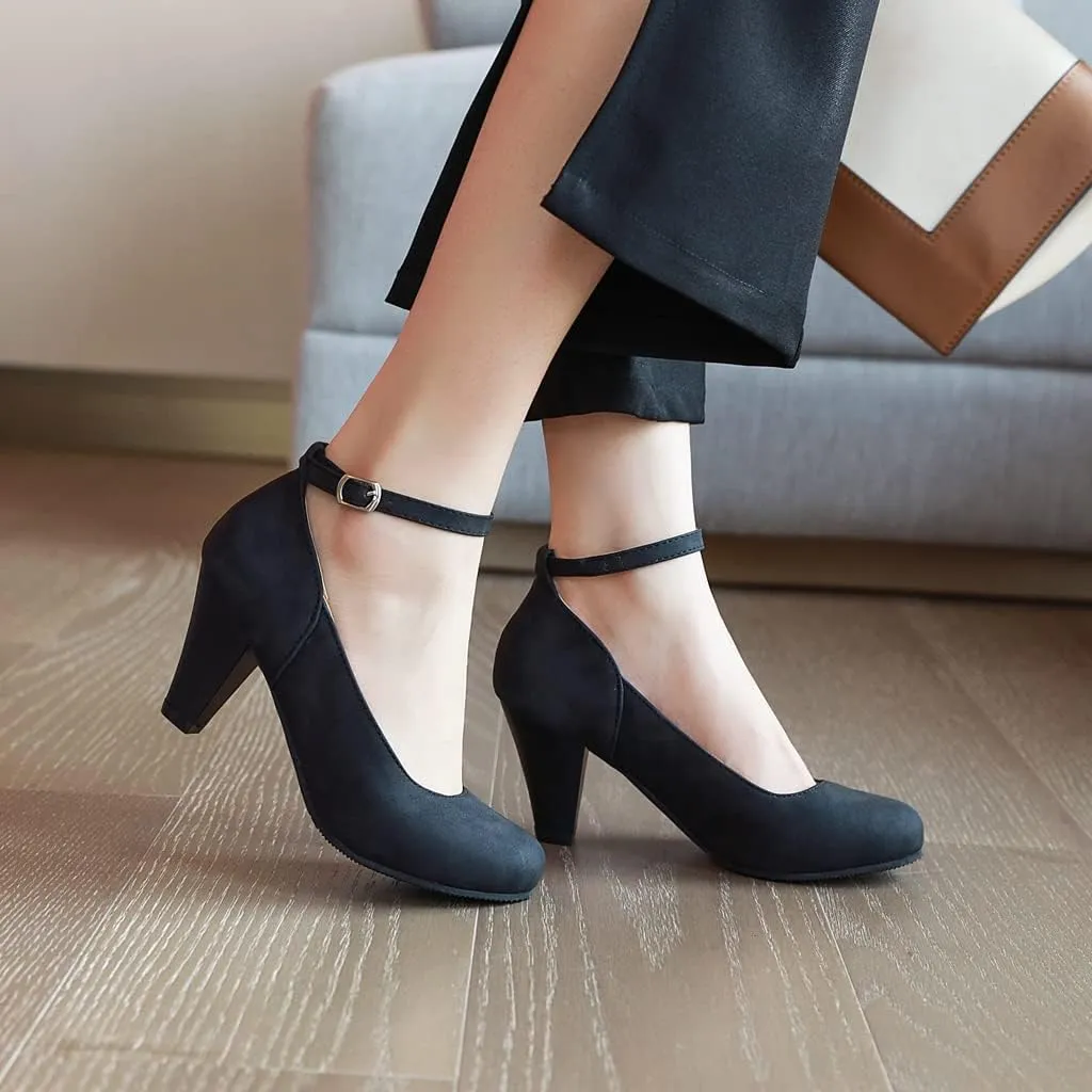 MIOKE Women's Fashion Square Toe Mid Heel Pumps Suede Pearl Buckle Strap Classic Mary Jane Dress Shoes