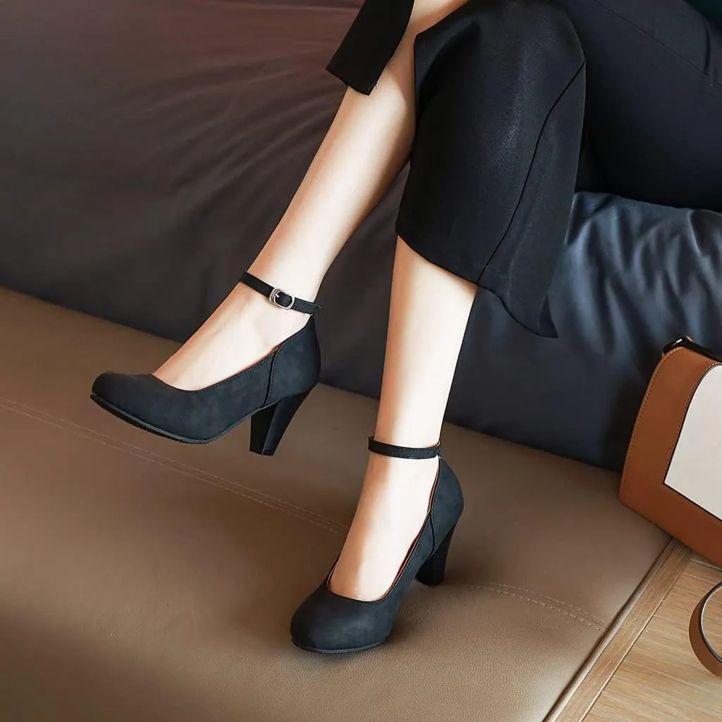 MIOKE Women's Fashion Square Toe Mid Heel Pumps Suede Pearl Buckle Strap Classic Mary Jane Dress Shoes
