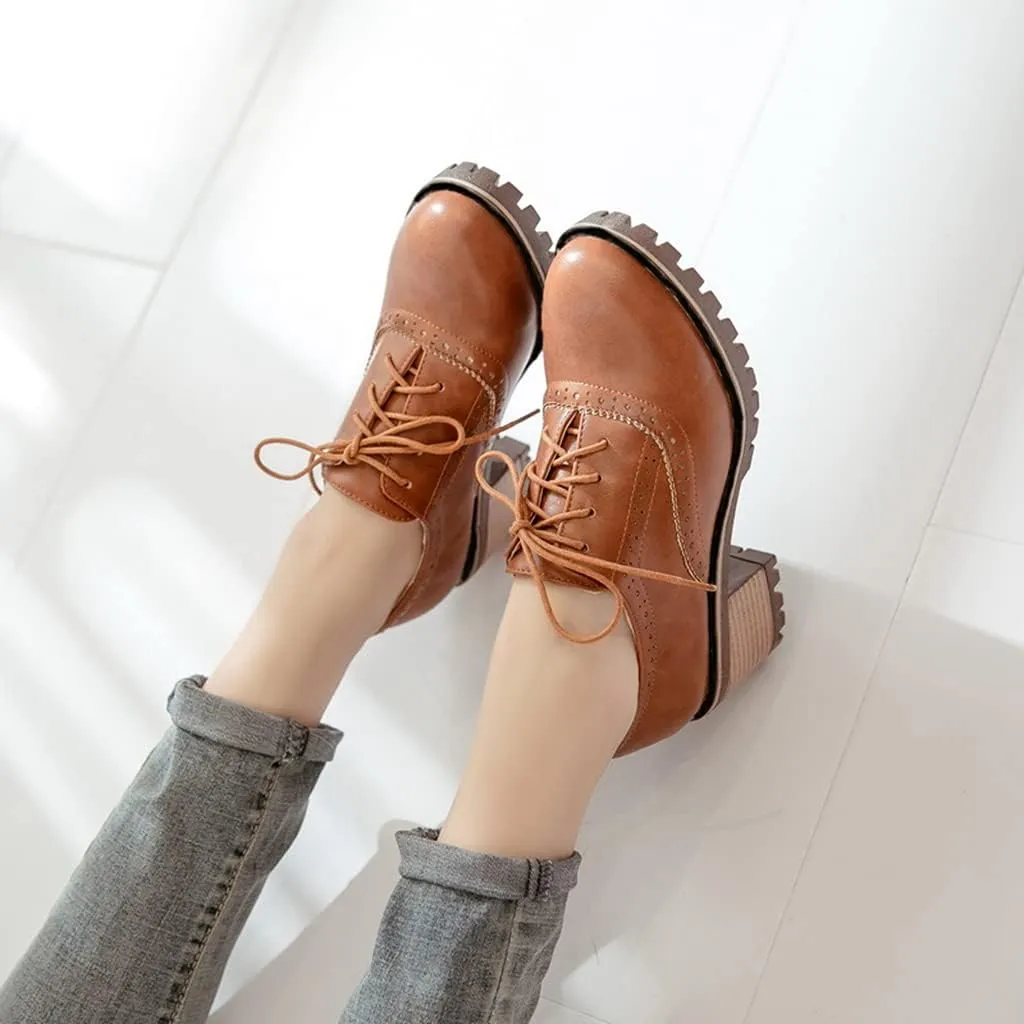 MIOKE Women's Round Toe Lace Up Pump Oxfords Brogues Wingtip Chunky Mid Heel Platform Vintage Dress Shoes