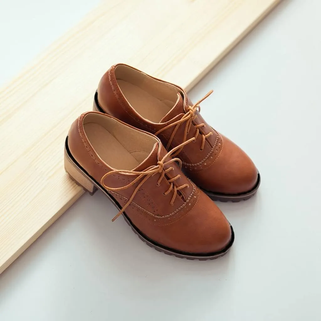 MIOKE Women's Round Toe Lace Up Pump Oxfords Brogues Wingtip Chunky Mid Heel Platform Vintage Dress Shoes