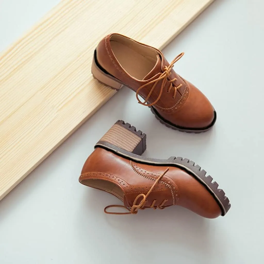 MIOKE Women's Round Toe Lace Up Pump Oxfords Brogues Wingtip Chunky Mid Heel Platform Vintage Dress Shoes