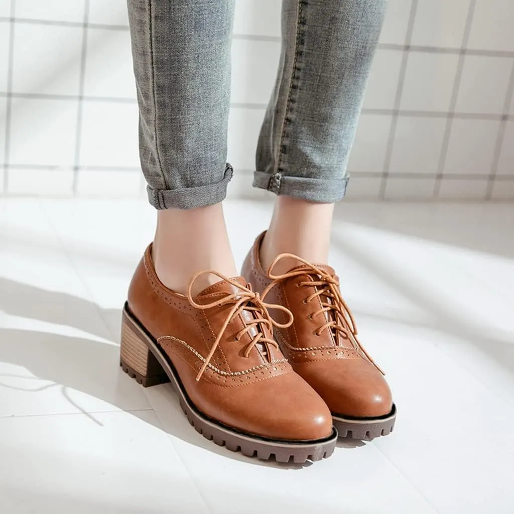 MIOKE Women's Round Toe Lace Up Pump Oxfords Brogues Wingtip Chunky Mid Heel Platform Vintage Dress Shoes