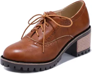 MIOKE Women's Round Toe Lace Up Pump Oxfords Brogues Wingtip Chunky Mid Heel Platform Vintage Dress Shoes