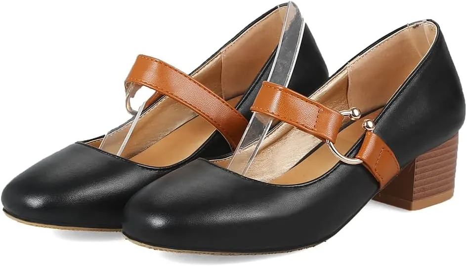 MIOKE Women's Square Toe Chunky Mid Block Heel Pumps Buckle Strap Comfort Mary Jane Office Dress Shoes