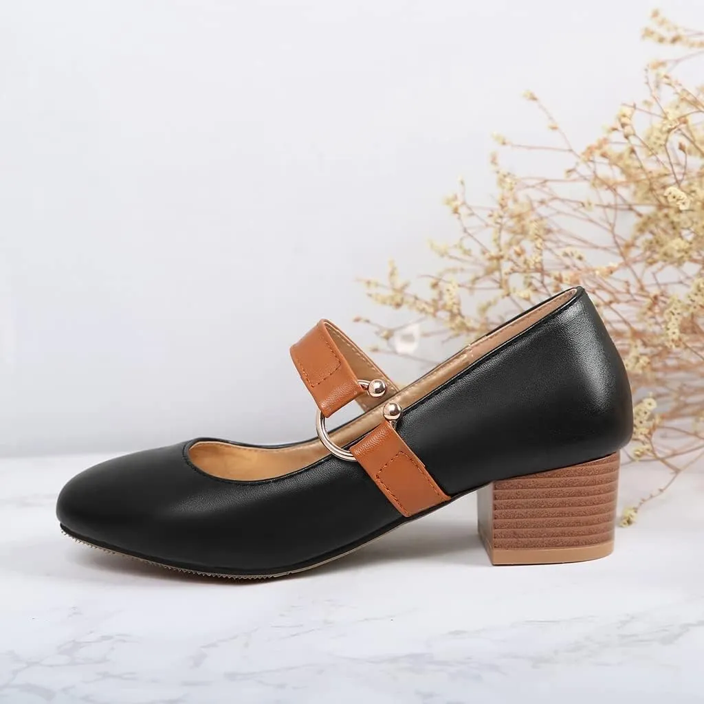 MIOKE Women's Square Toe Chunky Mid Block Heel Pumps Buckle Strap Comfort Mary Jane Office Dress Shoes
