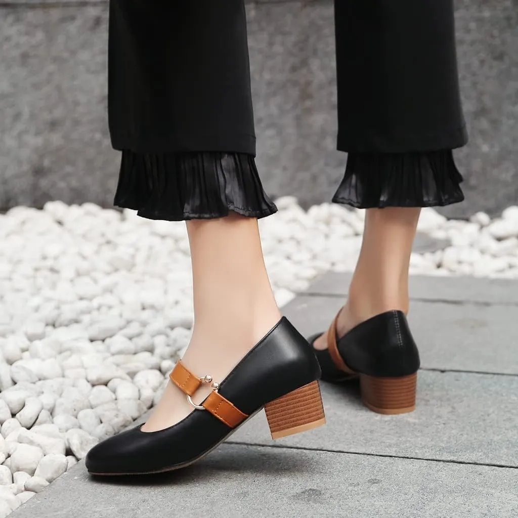 MIOKE Women's Square Toe Chunky Mid Block Heel Pumps Buckle Strap Comfort Mary Jane Office Dress Shoes