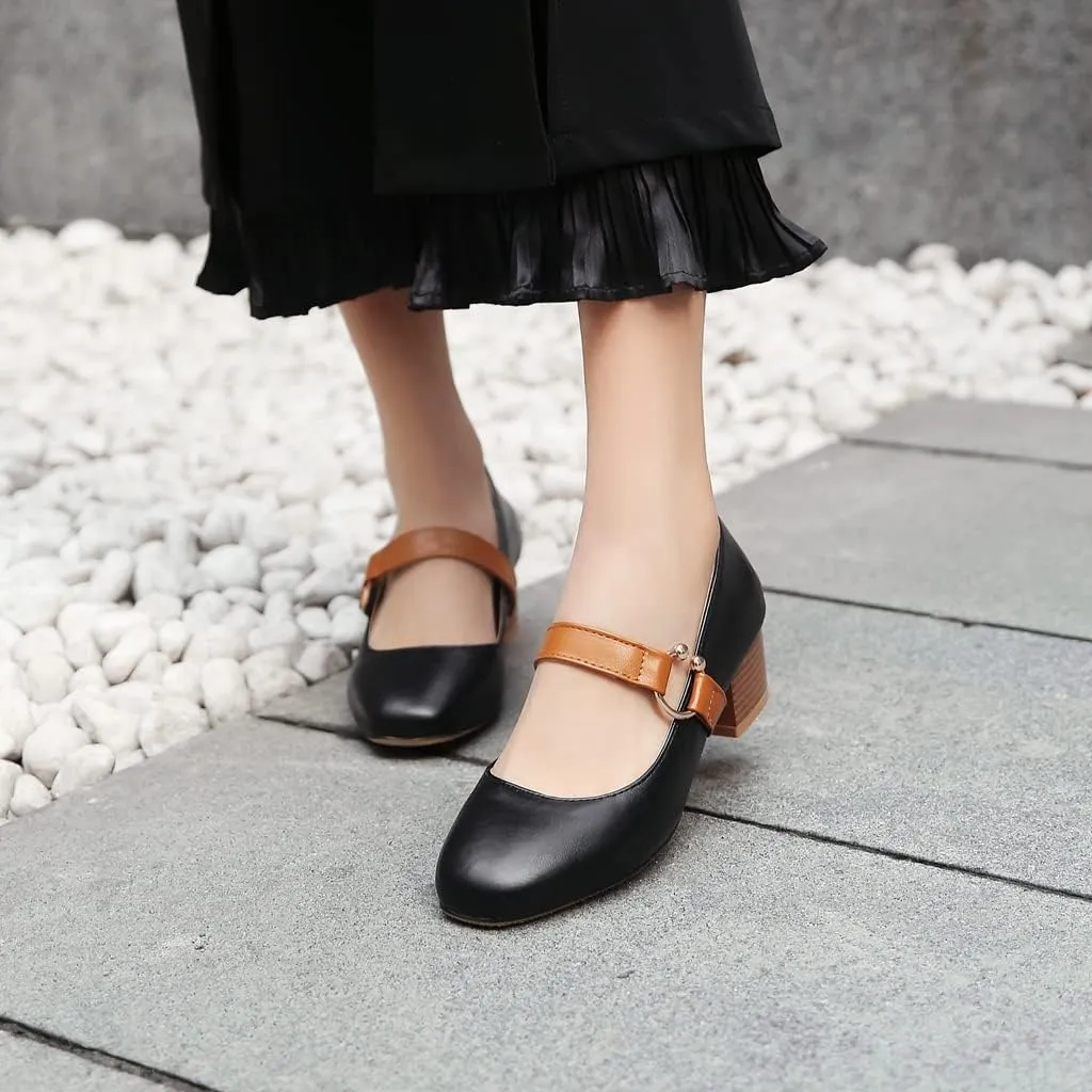 MIOKE Women's Square Toe Chunky Mid Block Heel Pumps Buckle Strap Comfort Mary Jane Office Dress Shoes