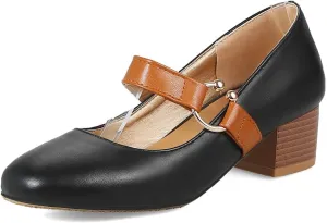 MIOKE Women's Square Toe Chunky Mid Block Heel Pumps Buckle Strap Comfort Mary Jane Office Dress Shoes