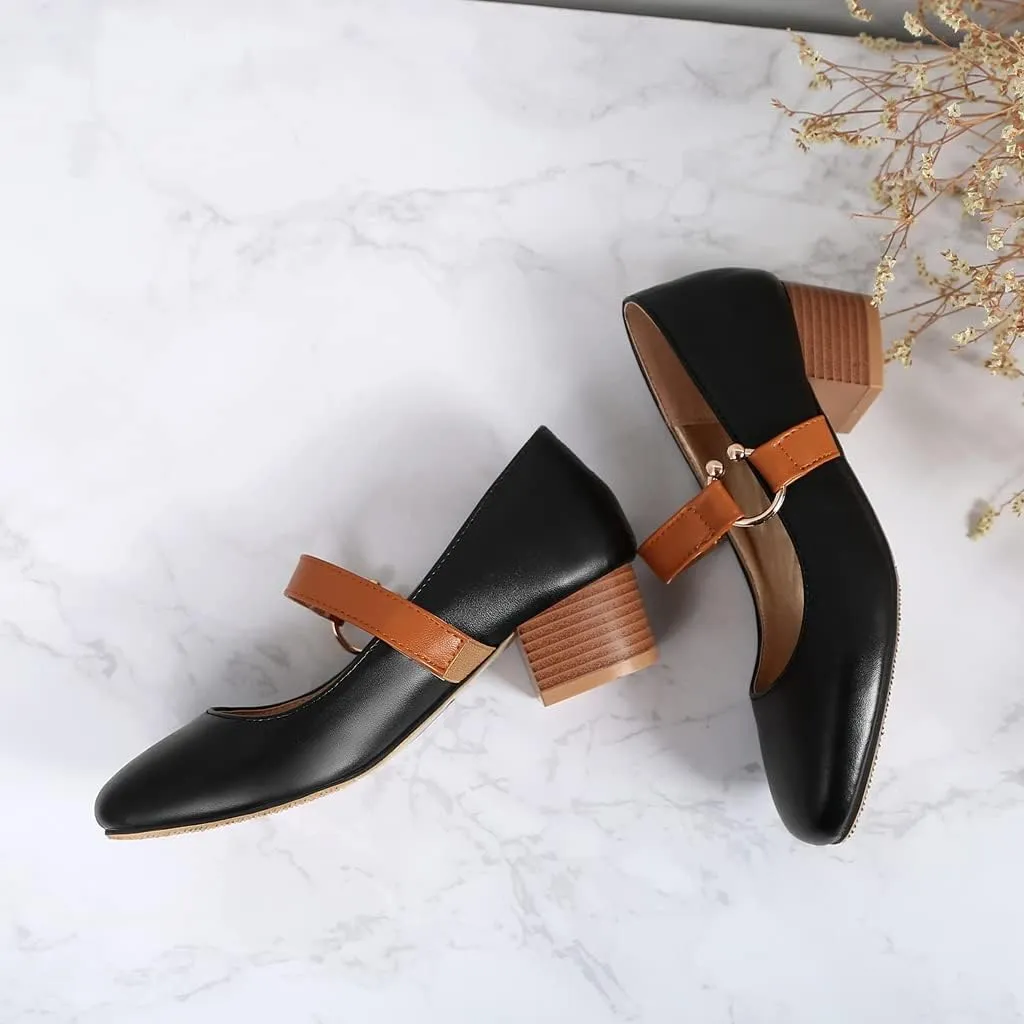 MIOKE Women's Square Toe Chunky Mid Block Heel Pumps Buckle Strap Comfort Mary Jane Office Dress Shoes