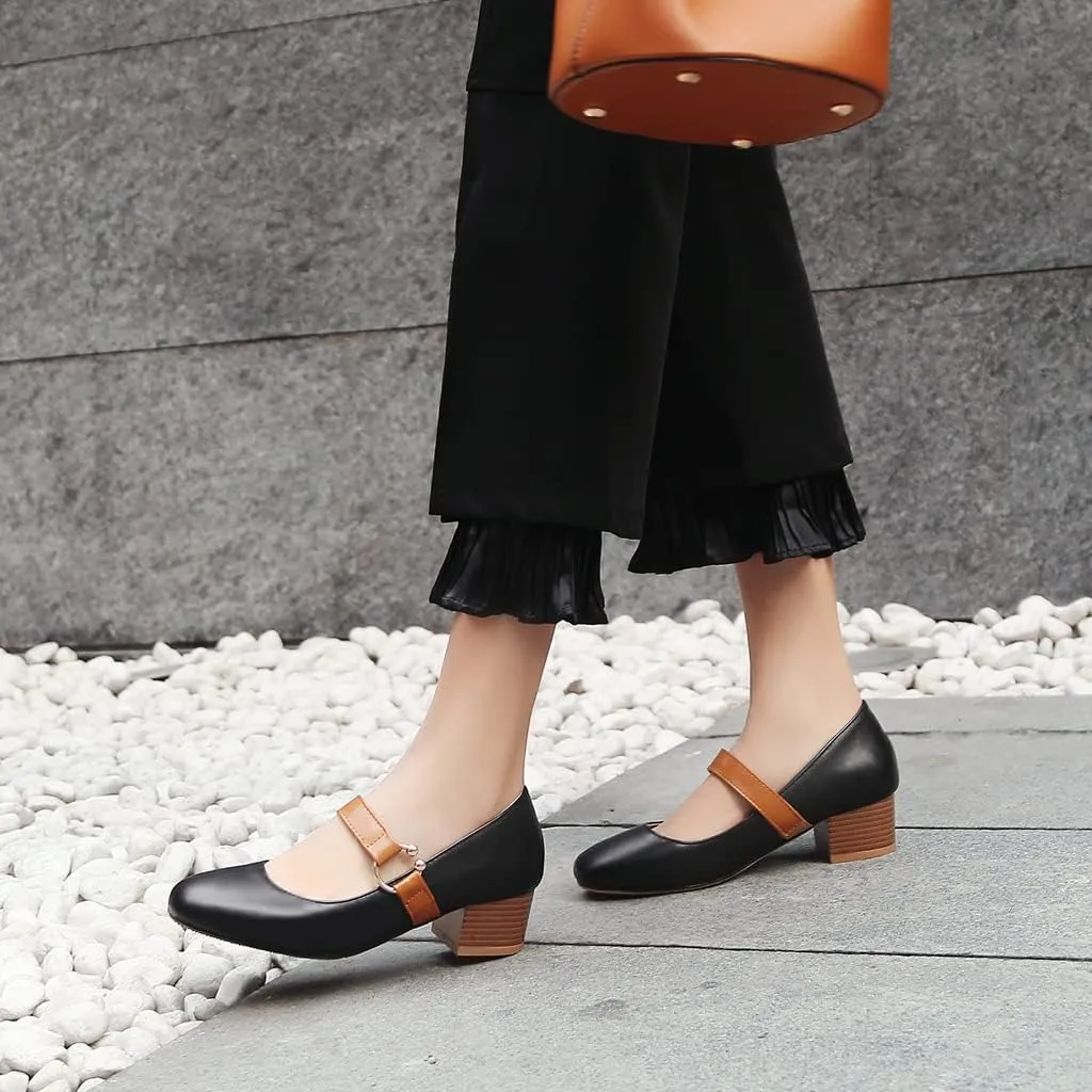 MIOKE Women's Square Toe Chunky Mid Block Heel Pumps Buckle Strap Comfort Mary Jane Office Dress Shoes