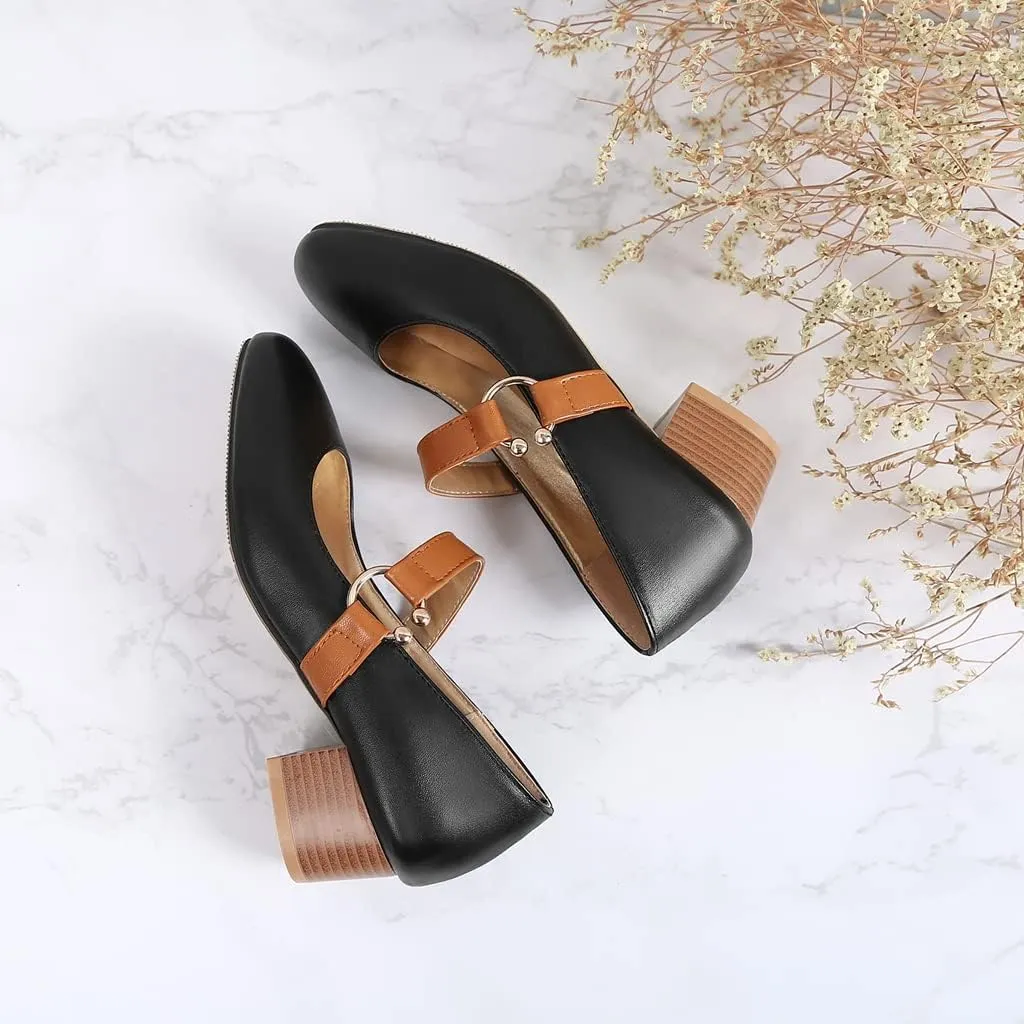 MIOKE Women's Square Toe Chunky Mid Block Heel Pumps Buckle Strap Comfort Mary Jane Office Dress Shoes