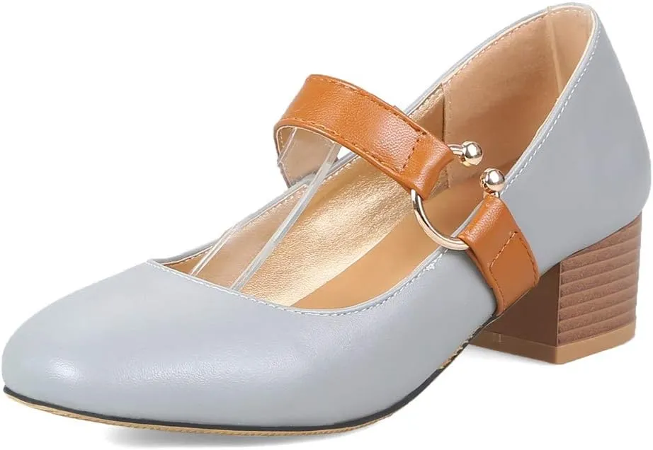 MIOKE Women's Square Toe Chunky Mid Block Heel Pumps Buckle Strap Comfort Mary Jane Office Dress Shoes