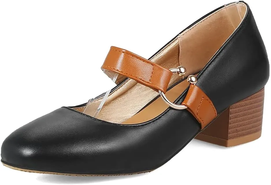MIOKE Women's Square Toe Chunky Mid Block Heel Pumps Buckle Strap Comfort Mary Jane Office Dress Shoes