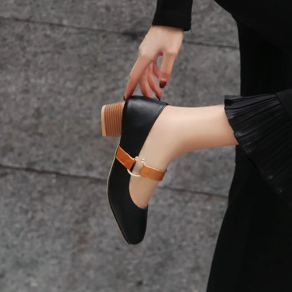 MIOKE Women's Square Toe Chunky Mid Block Heel Pumps Buckle Strap Comfort Mary Jane Office Dress Shoes