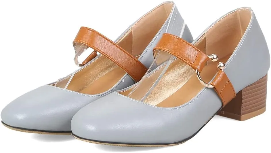 MIOKE Women's Square Toe Chunky Mid Block Heel Pumps Buckle Strap Comfort Mary Jane Office Dress Shoes