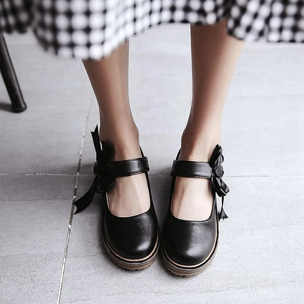 MIOKE Women's Sweet Bow Mary Jane Oxford Shoes Slip On Comfy Low Heel Classic Vintage Dress Oxfords Pump