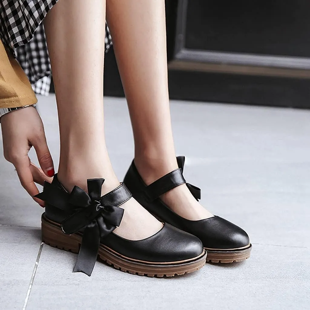 MIOKE Women's Sweet Bow Mary Jane Oxford Shoes Slip On Comfy Low Heel Classic Vintage Dress Oxfords Pump
