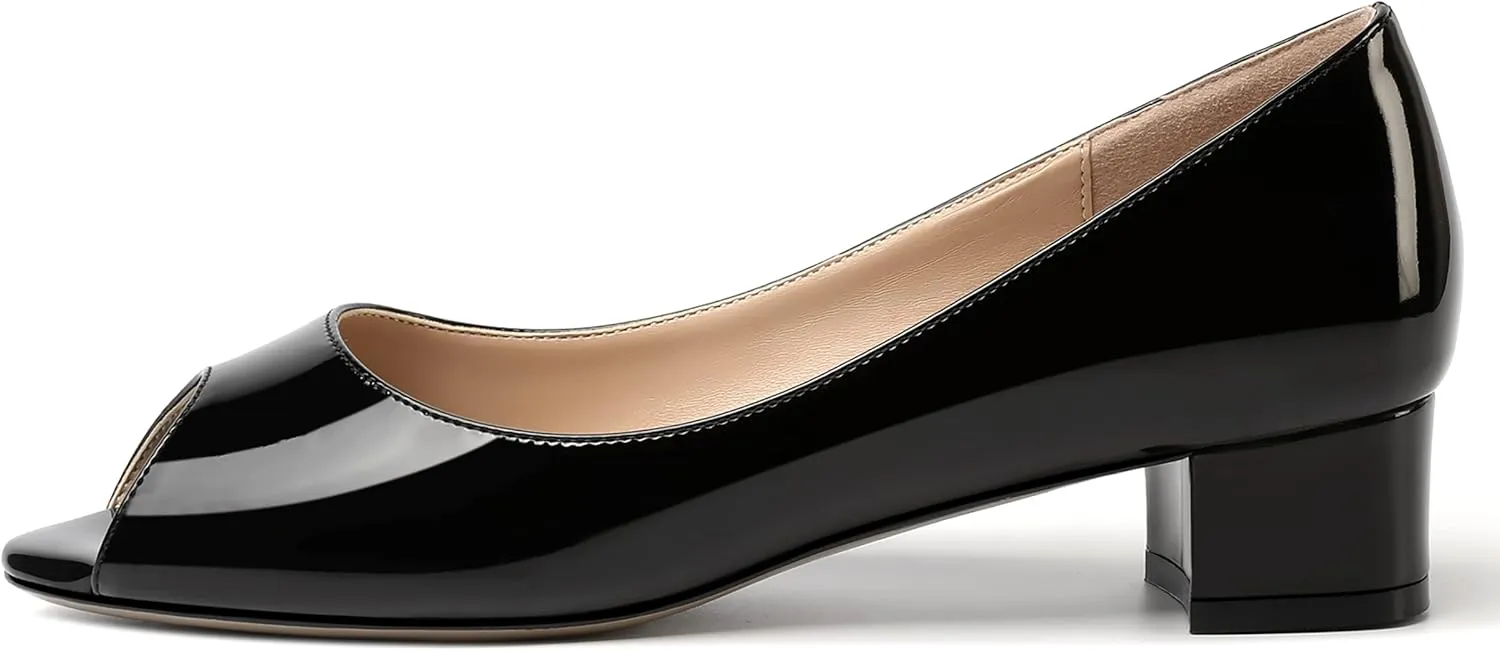 MOVINSTEPS Womens Casual Patent Slip On Dating Peep Toe Chunky Low Heel Pumps Shoes 1.5 Inch