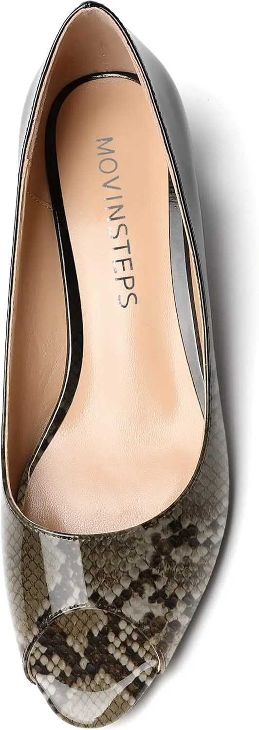 MOVINSTEPS Womens Casual Patent Slip On Dating Peep Toe Chunky Low Heel Pumps Shoes 1.5 Inch