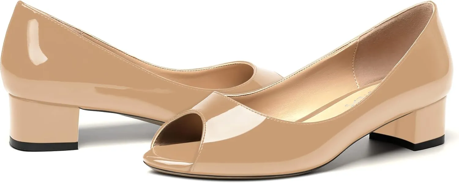 MOVINSTEPS Womens Casual Patent Slip On Dating Peep Toe Chunky Low Heel Pumps Shoes 1.5 Inch