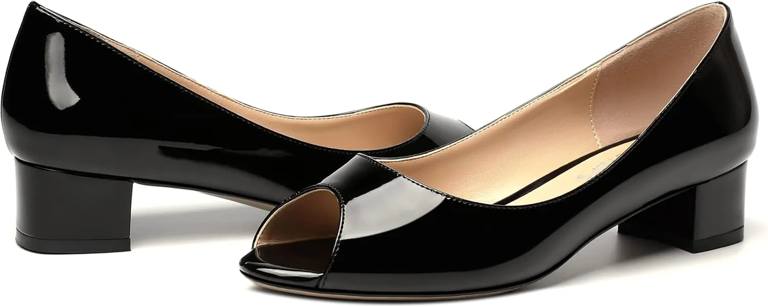 MOVINSTEPS Womens Casual Patent Slip On Dating Peep Toe Chunky Low Heel Pumps Shoes 1.5 Inch