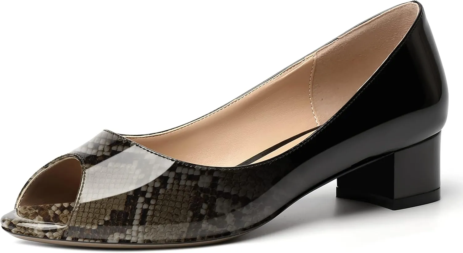 MOVINSTEPS Womens Casual Patent Slip On Dating Peep Toe Chunky Low Heel Pumps Shoes 1.5 Inch