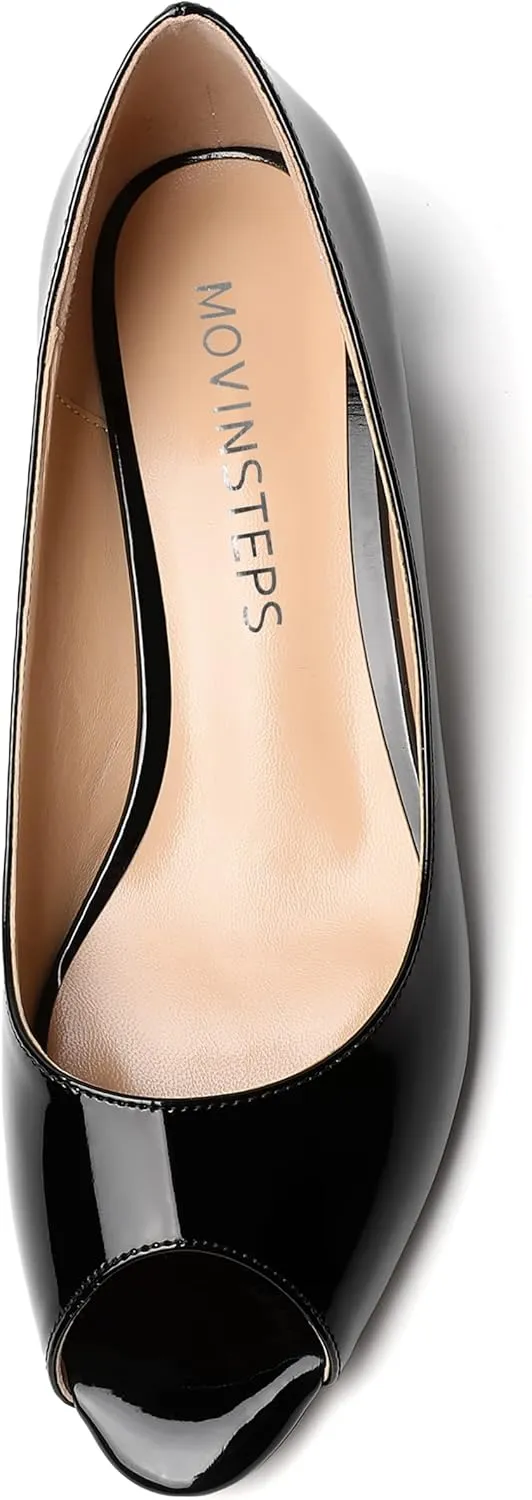 MOVINSTEPS Womens Casual Patent Slip On Dating Peep Toe Chunky Low Heel Pumps Shoes 1.5 Inch