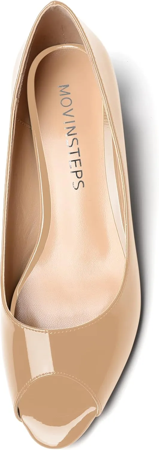 MOVINSTEPS Womens Casual Patent Slip On Dating Peep Toe Chunky Low Heel Pumps Shoes 1.5 Inch