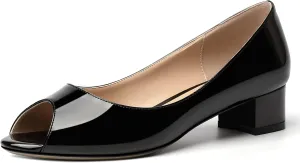 MOVINSTEPS Womens Casual Patent Slip On Dating Peep Toe Chunky Low Heel Pumps Shoes 1.5 Inch