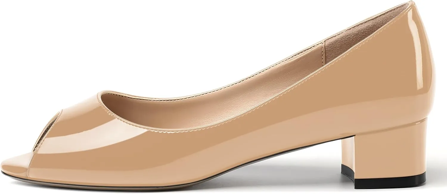 MOVINSTEPS Womens Casual Patent Slip On Dating Peep Toe Chunky Low Heel Pumps Shoes 1.5 Inch