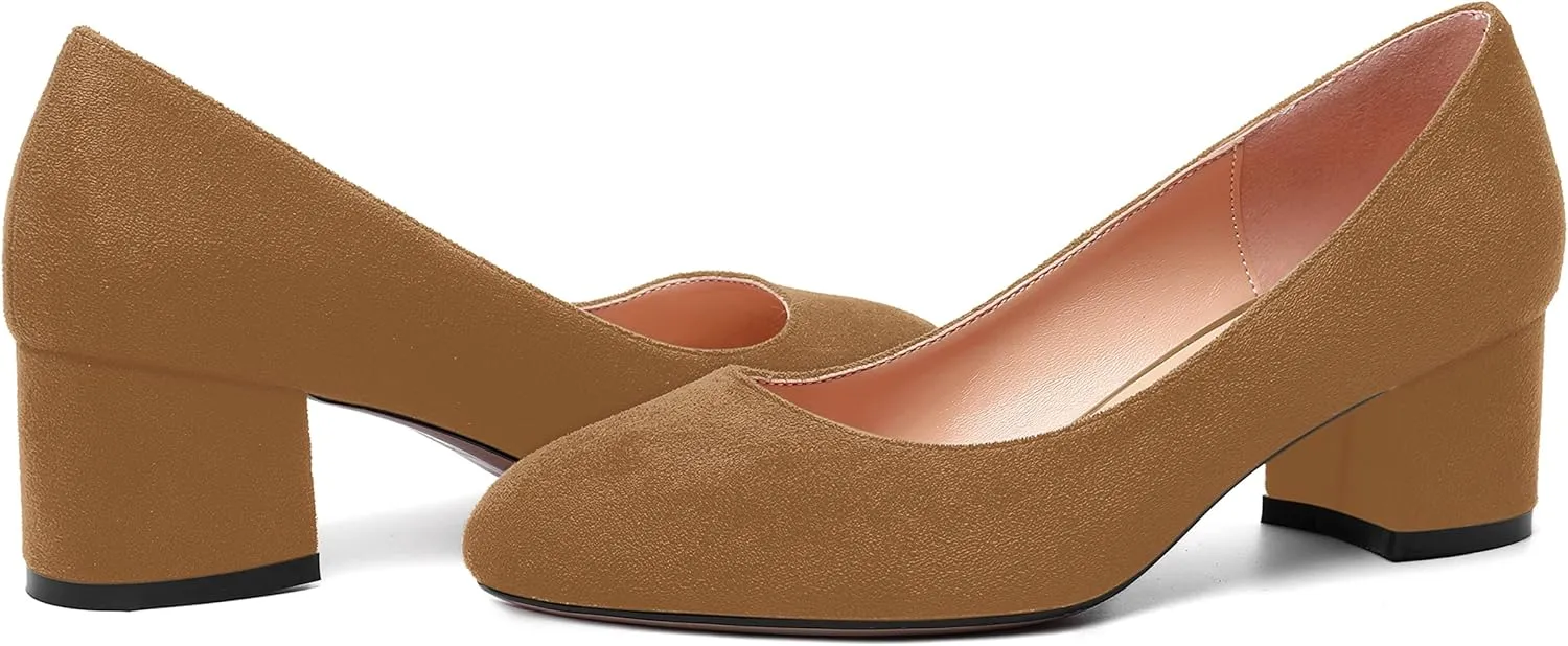 MOVINSTEPS Womens Office Dress Suede Slip On Round Toe Chunky Low Heel Pumps Shoes 2 Inch