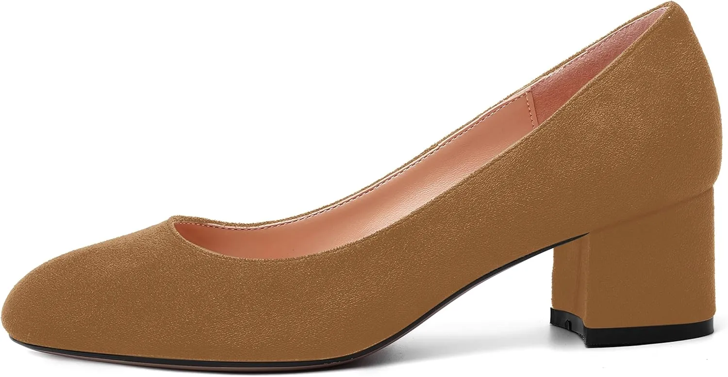 MOVINSTEPS Womens Office Dress Suede Slip On Round Toe Chunky Low Heel Pumps Shoes 2 Inch