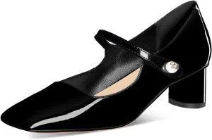 MUCCCUTE Mary Jane Shoes Women Chunky Block Heels Pumps Closed Toe Comfortable Patent Leather Work Dress Shoes