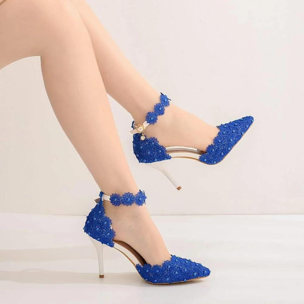 MYFSPORTS Wedding Shoes Ladies Sandals Pointed Toe Heels Lace Beaded Wedding High Heels Evening Dress Bride Bridesmaid Princess Shoes