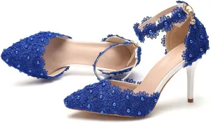 MYFSPORTS Wedding Shoes Ladies Sandals Pointed Toe Heels Lace Beaded Wedding High Heels Evening Dress Bride Bridesmaid Princess Shoes