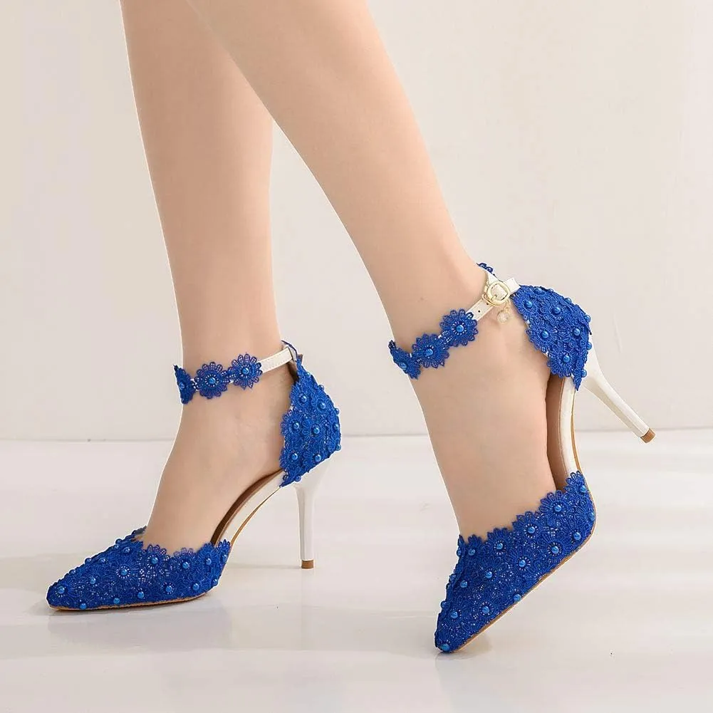 MYFSPORTS Wedding Shoes Ladies Sandals Pointed Toe Heels Lace Beaded Wedding High Heels Evening Dress Bride Bridesmaid Princess Shoes