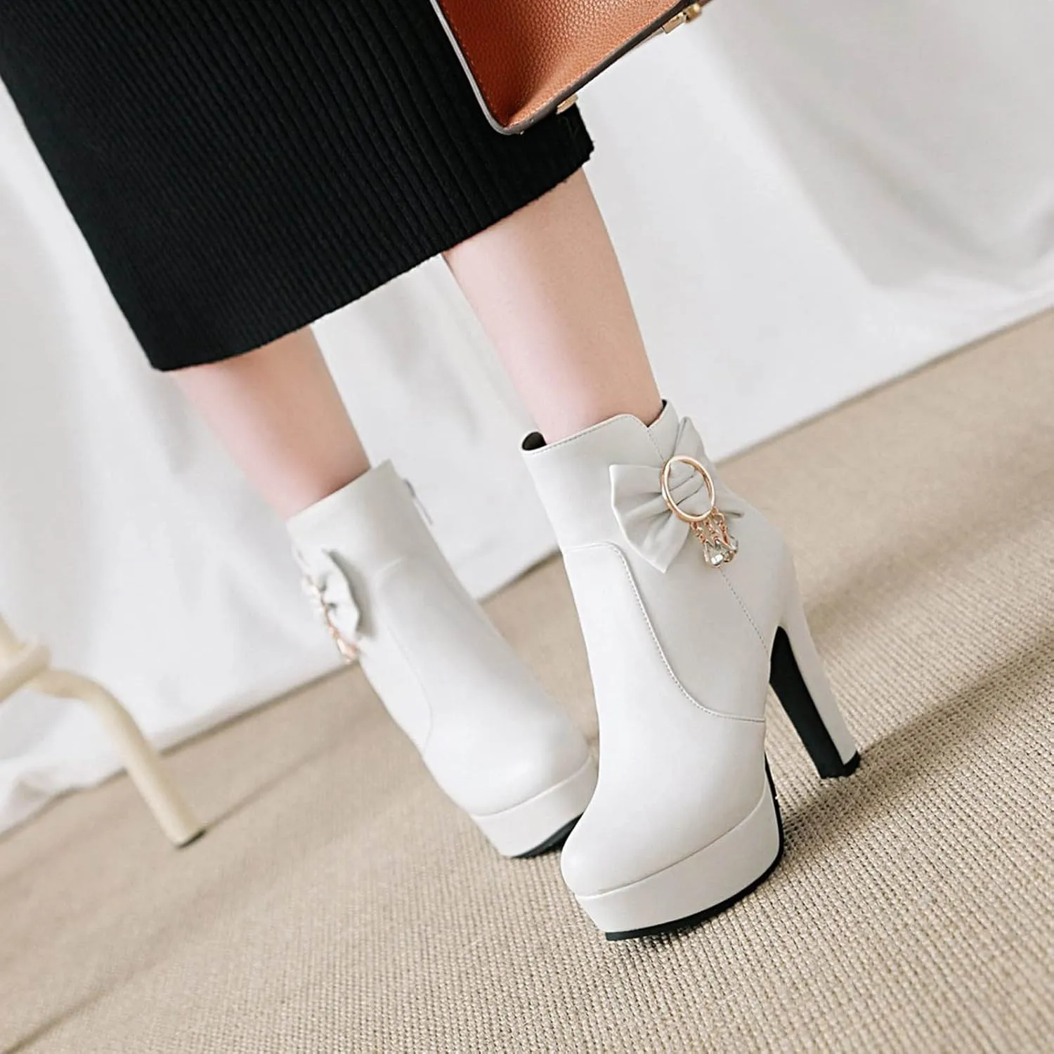 oiangi Women's High Heel Ankle Boots Platform Round Toe Bow Rhinestone Side Zipper Chunky Booties Winter Solid Waterproof Warm Outdoor Casual Shoes