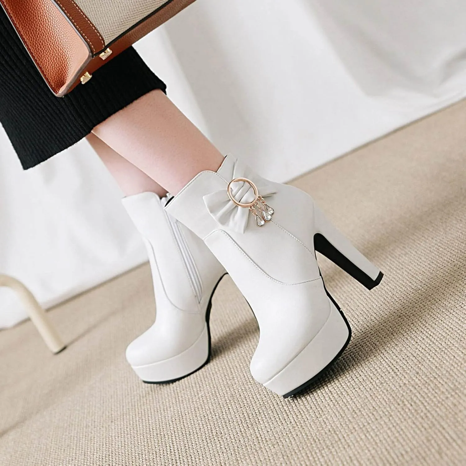 oiangi Women's High Heel Ankle Boots Platform Round Toe Bow Rhinestone Side Zipper Chunky Booties Winter Solid Waterproof Warm Outdoor Casual Shoes