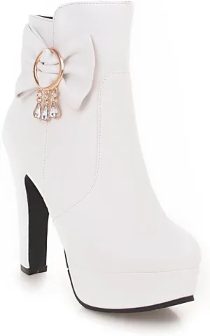 oiangi Women's High Heel Ankle Boots Platform Round Toe Bow Rhinestone Side Zipper Chunky Booties Winter Solid Waterproof Warm Outdoor Casual Shoes