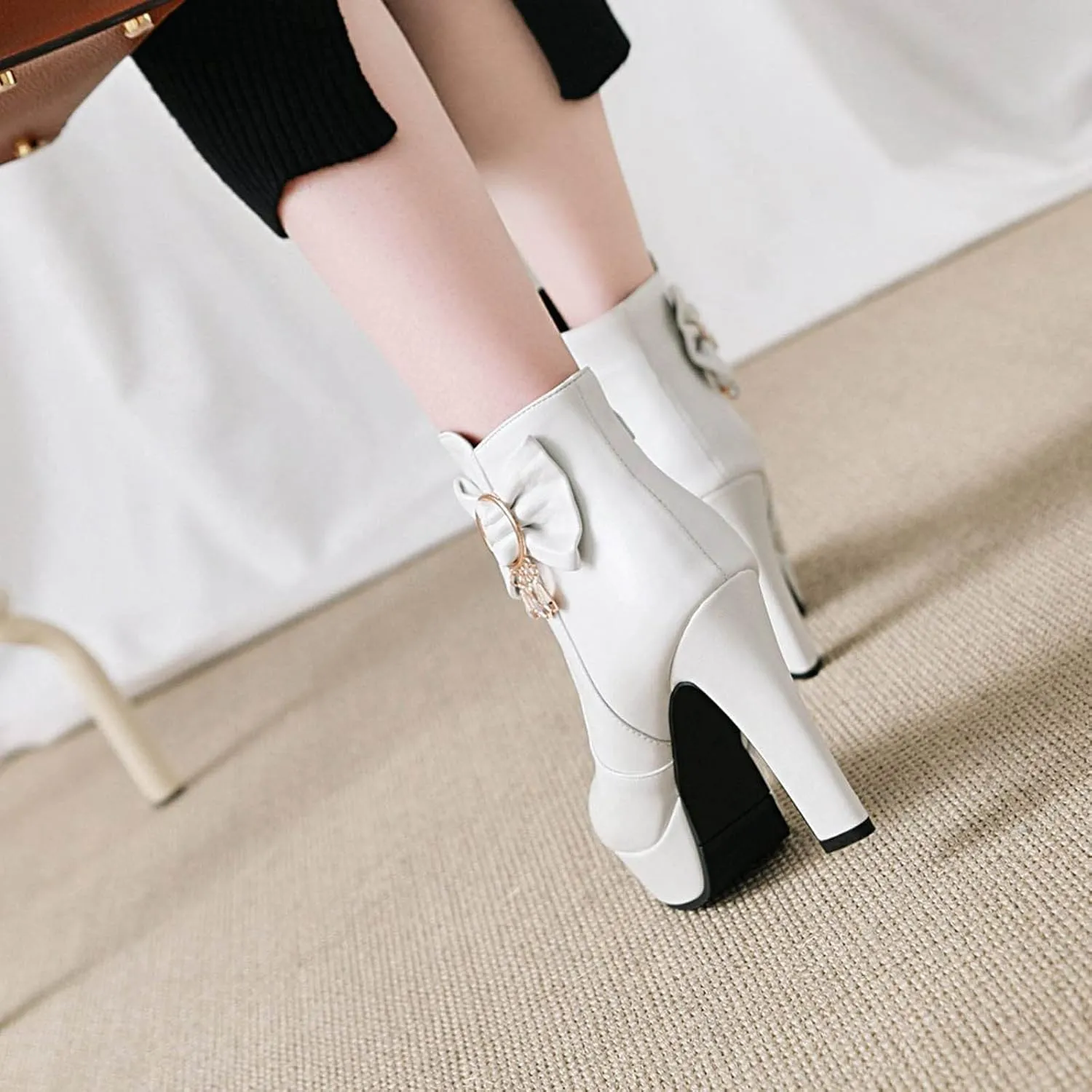 oiangi Women's High Heel Ankle Boots Platform Round Toe Bow Rhinestone Side Zipper Chunky Booties Winter Solid Waterproof Warm Outdoor Casual Shoes