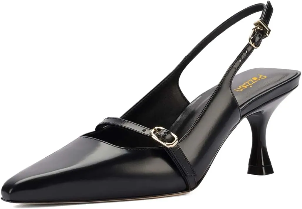 Pazzion Women's Pointed Closed Toe Slingback Pumps Mid Kitten Heel Ankle Strap Buckled Sandals Comfy Daily Prom Event Shoes Size 4-16 US